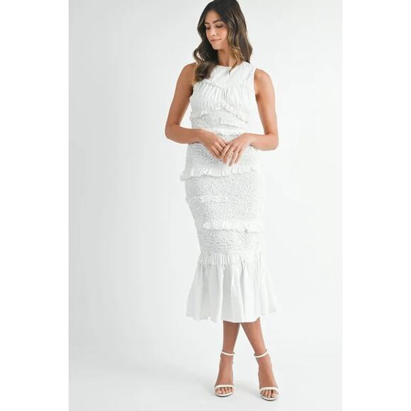 Mable Dresses & Skirts - MABLE Ruffled Popcorn Smocked Mermaid Midi Dress